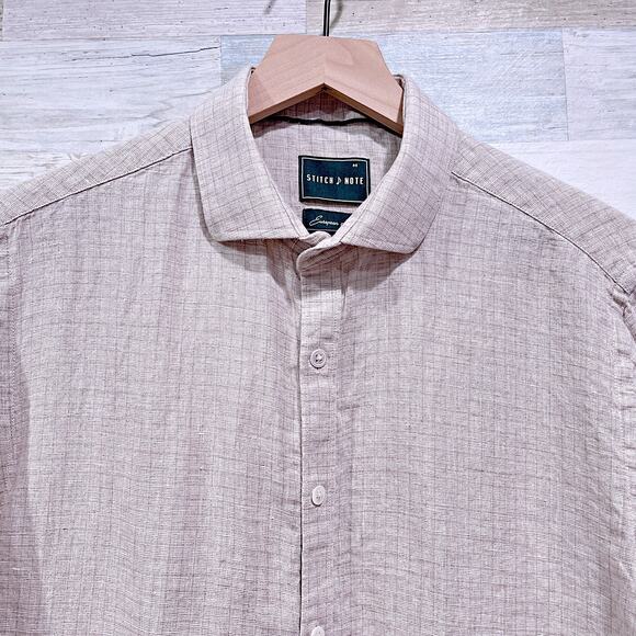 Stitch Note European Linen Shirt Long Sleeve Button Down Beige Check Mens Medium - Picture 2 of 6